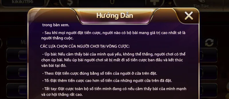 Các lựa chọn trong Liêng Sunwin 