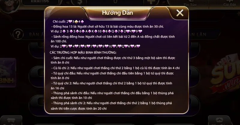 Các trường hợp trong game Mậu binh Sunwin