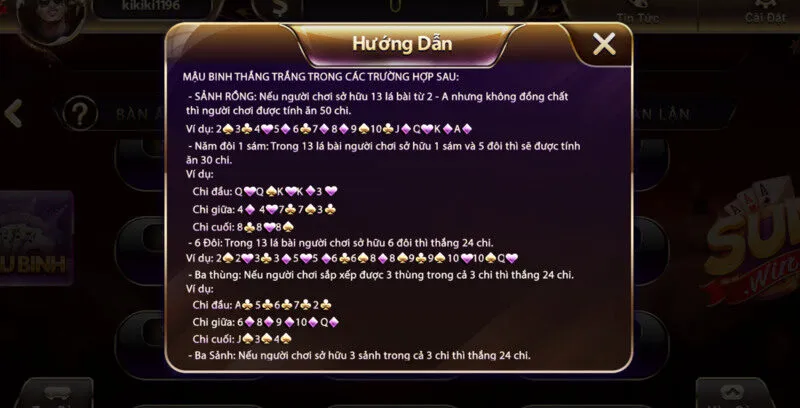 Các trường hợp trong game Mậu binh Sunwin